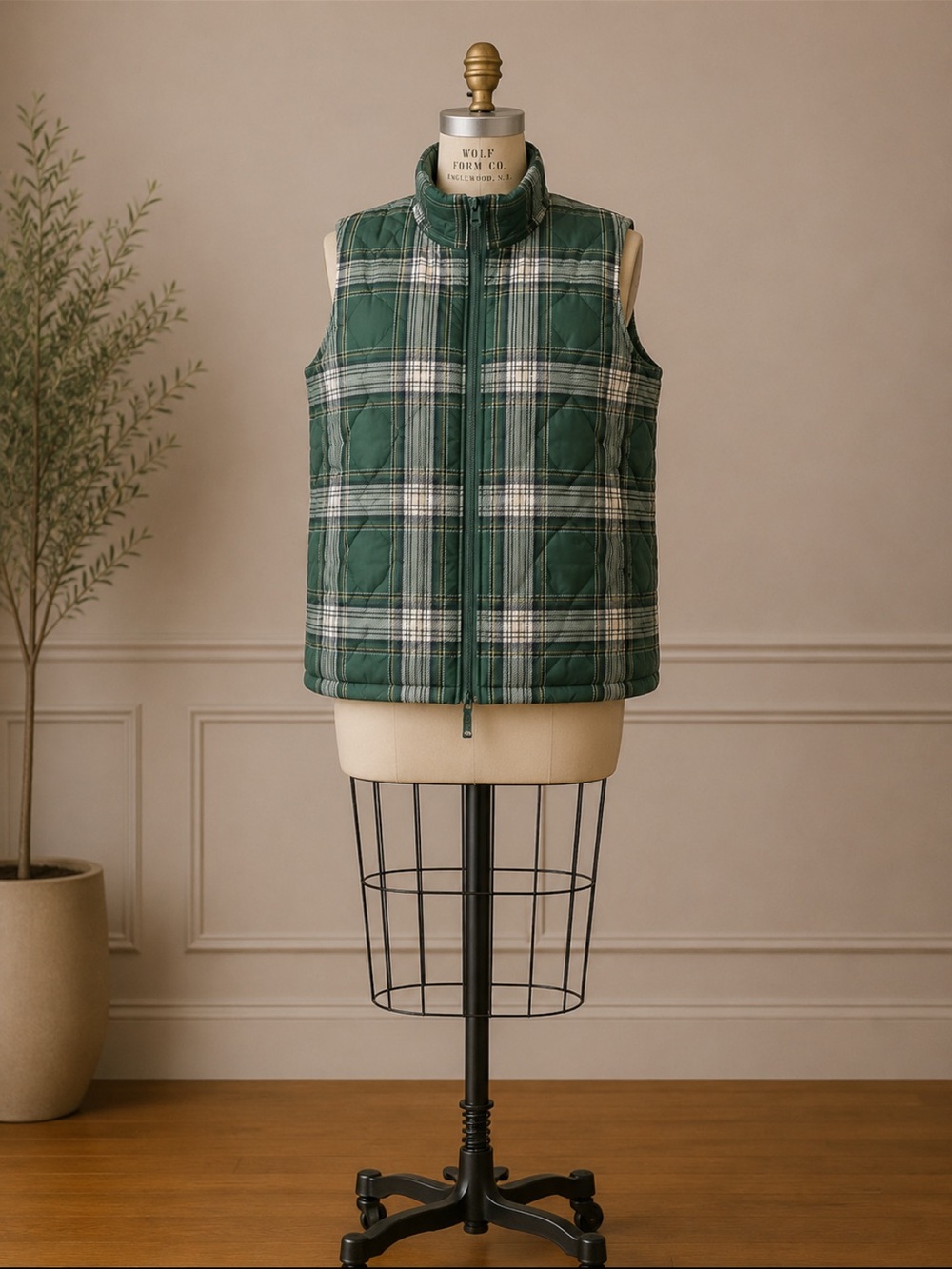 Lands' End Green Plaid Quilted Vest